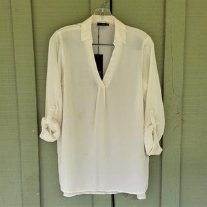 NWT RENUAR Canada Ivory Plaid Half Button Top XS Adjustable Sleeves